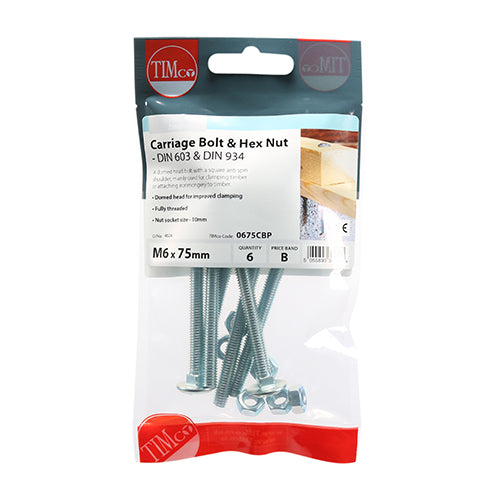 Timco M6 x 75  Carriage Bolt & Hex Nut 6s