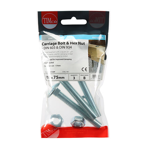 Timco M10 x 75 Cup Bolt & Hex Nut 3s