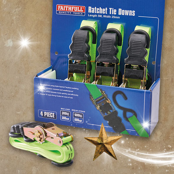 Faithfull Ratchet Tie Down (4pk) 5m x 25mm Green