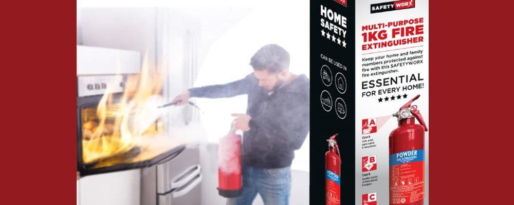 Image of a man putting out a fire in the oven representing our Fire Safety Collection