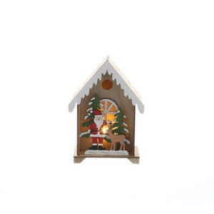 16cm Battery Operated Lit Wooden Chalet With Santa And Reindeer