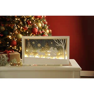 40cm Battery Operated Lit Wooden White Santa with Sleigh Scene