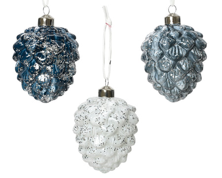 Pinecone Glass Enamel Silver Glitter Tree Decoration Each