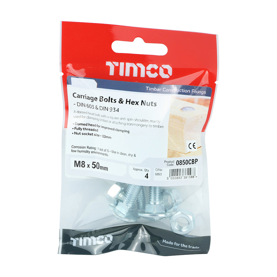 Timco M8 x 50 Carriage Bolt & Hex Nut 4s