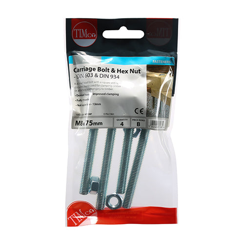 Timco M8 x 75 Carriage Bolt & Hex Nut 4s