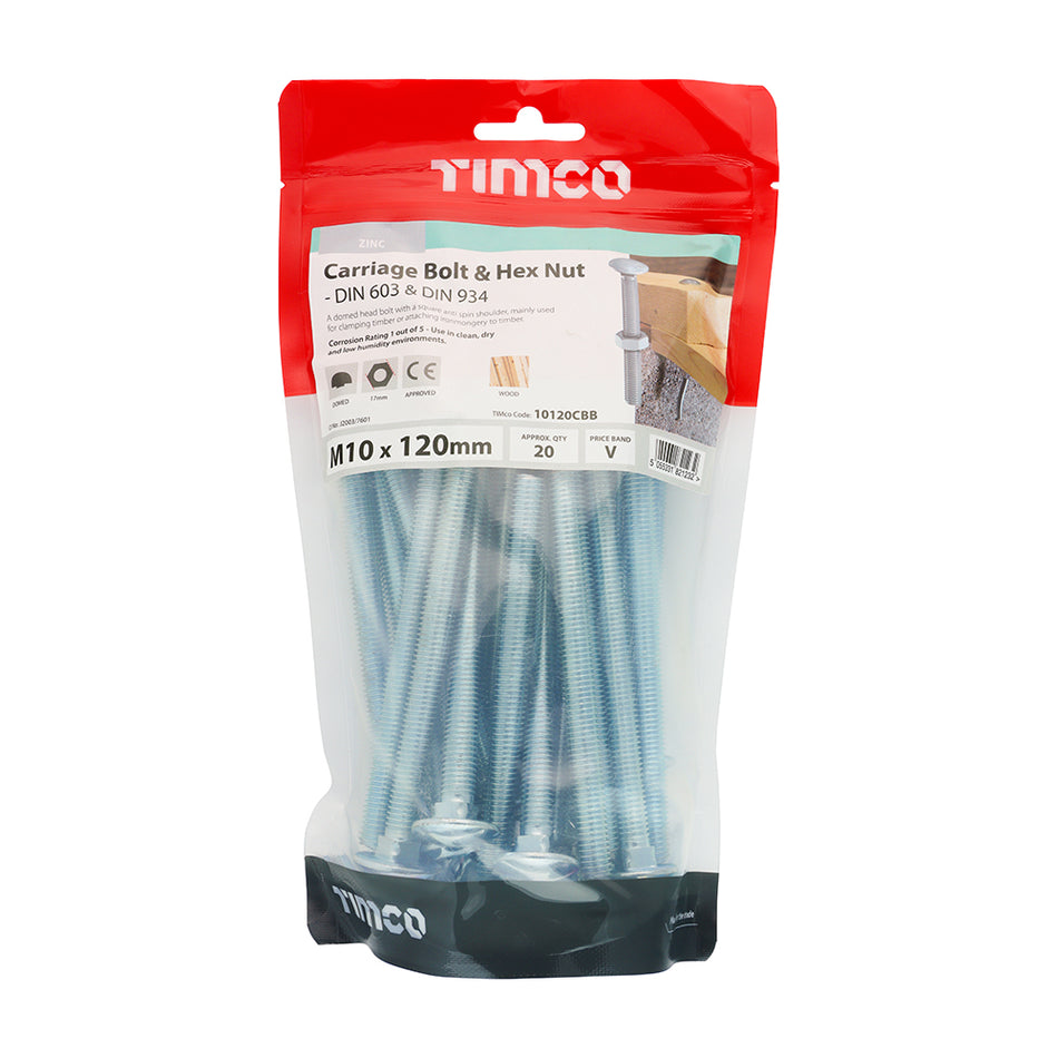 Timco M10 x 120 Cup Bolt & Hex Nut 20pk