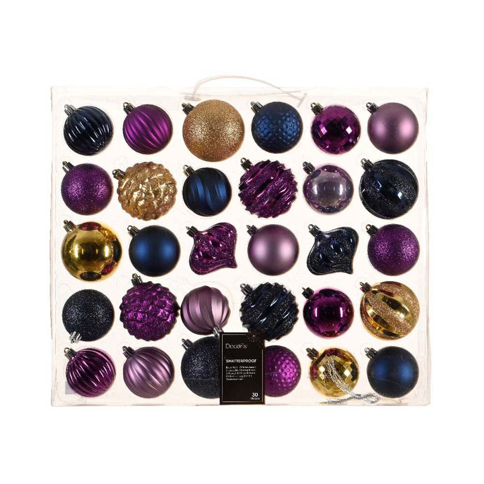 30 Mix Shatterproof Baubles 7cm Purple / Gold Glitter Mix