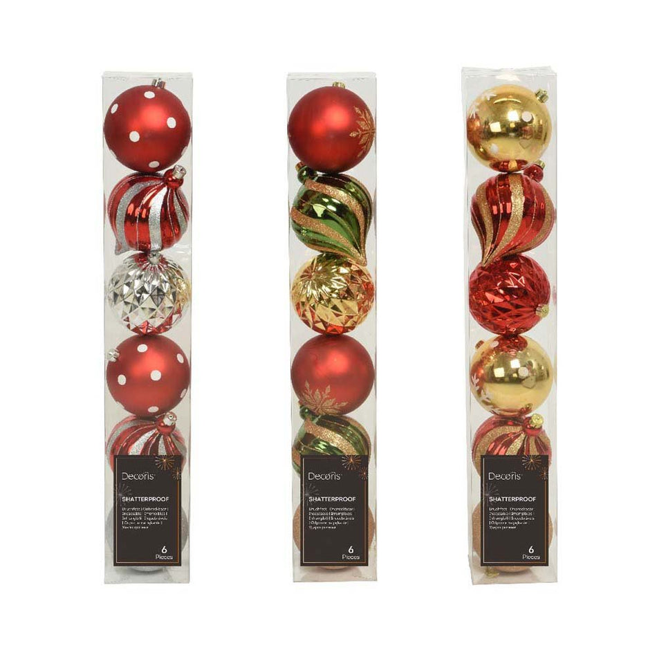 6 Mix Shatterproof Baubles 15cm Shiny/Matt/Glitter Mix