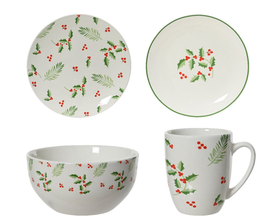 Dinner Set of 16 Porcelain Decal Leaf and Berry Pattern