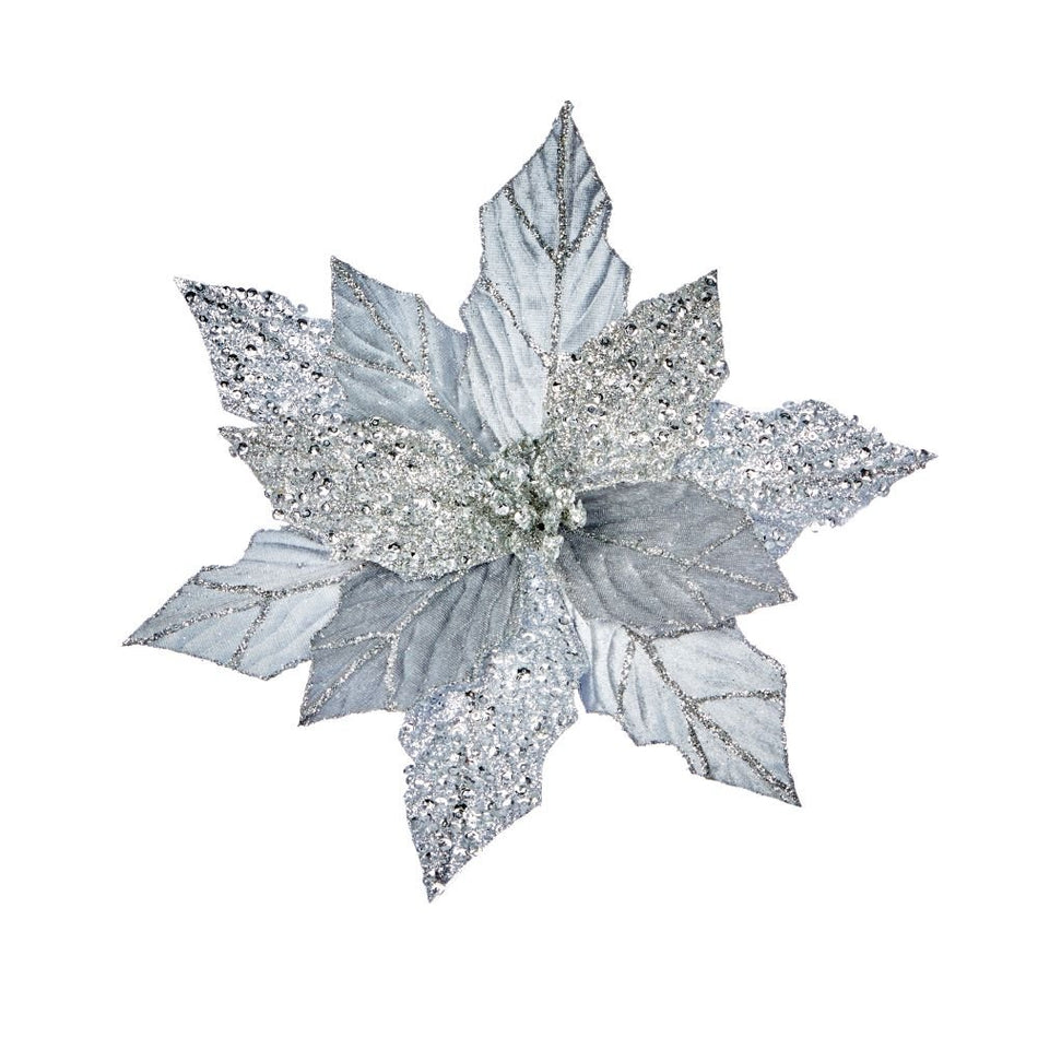 Silver Glitter Poinsettia with Velvet Clip 30cm