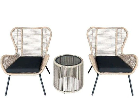 Two wicker chairs with black cushions and a matching side table on a white background