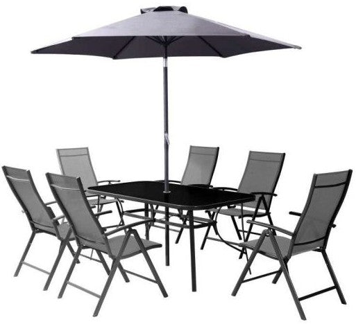 Serra Complete Dining Set with 6 Reclining Chairs, Table and Parasol