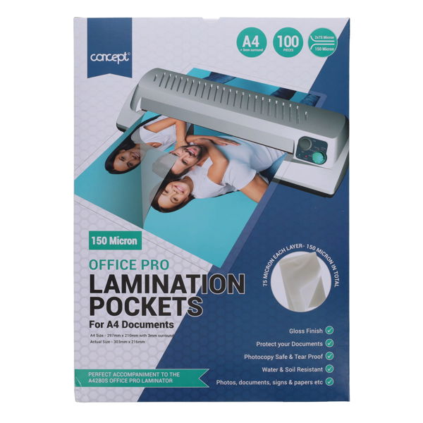 Concept Pkt.100 A4 150 Micron Laminating Pouches