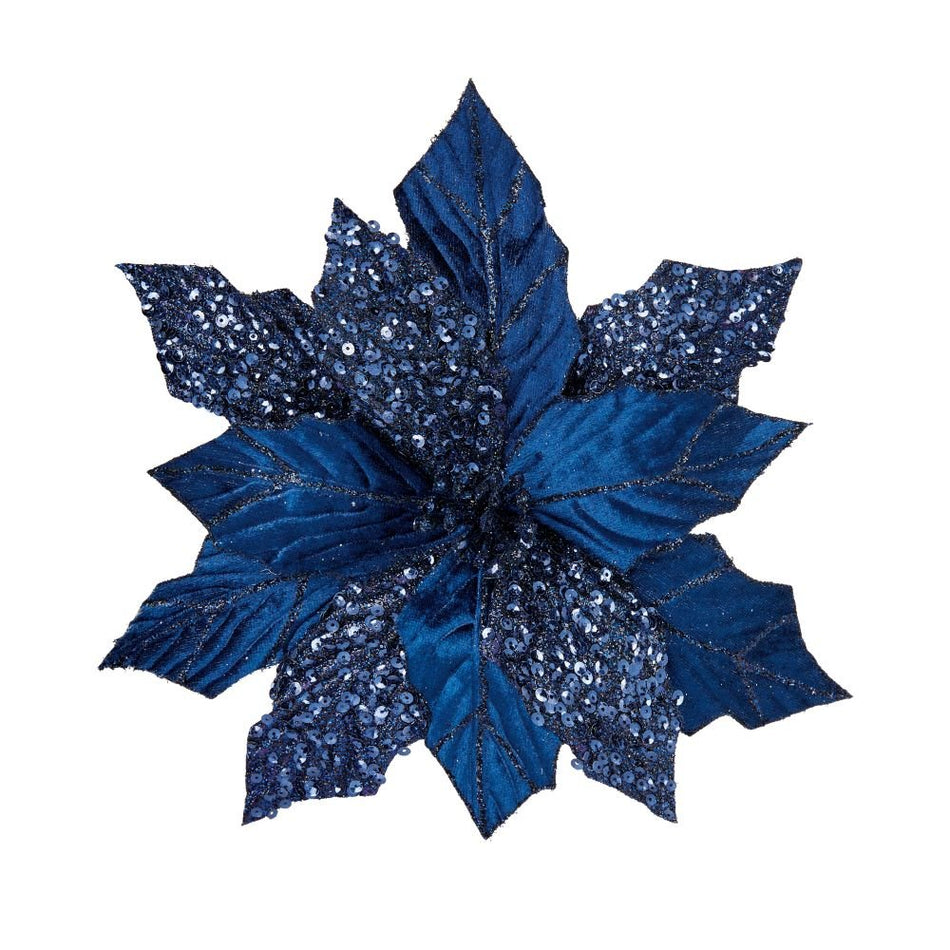 Blue Leather Poinsettia Glitter Clip on 30cm