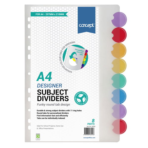 Concept A4 Round Tab Transparent Subject Dividers - 8 Part