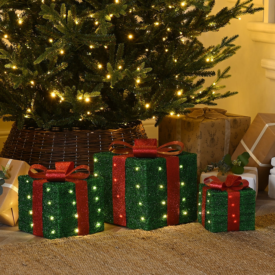 Set of 3 Lit Green Parcels with Red Bow