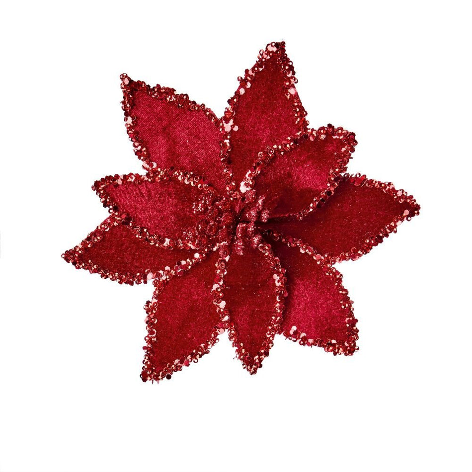 Burgundy Velvet Poinsettia Glitter Edge 20cm