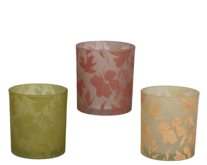 Tealight Holder Glass with Flower Decal 3 Colours Assorted