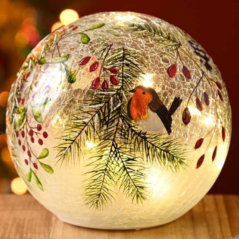 15cm Lit Robin/Berries Crackle Ball Battery Operated