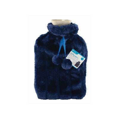 Hot Water Bottle C/W Faux Fur Cover Dark Blue