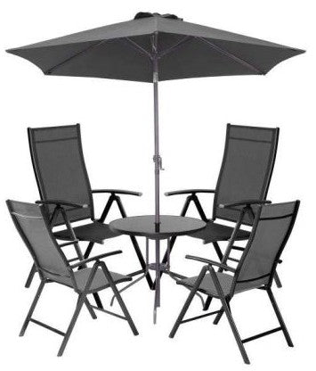 Serra Complete Dining Set with 4 Reclining Chairs, Table and Parasol