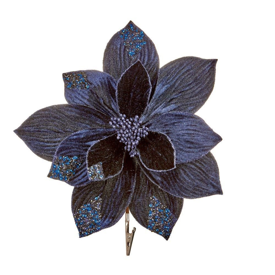 Dark Blue Velvet Poinsettia Gold Sequins 29cm