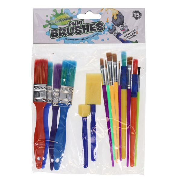 World of Colour Pkt.15 Colourful Paint Brushes & Sponges Set