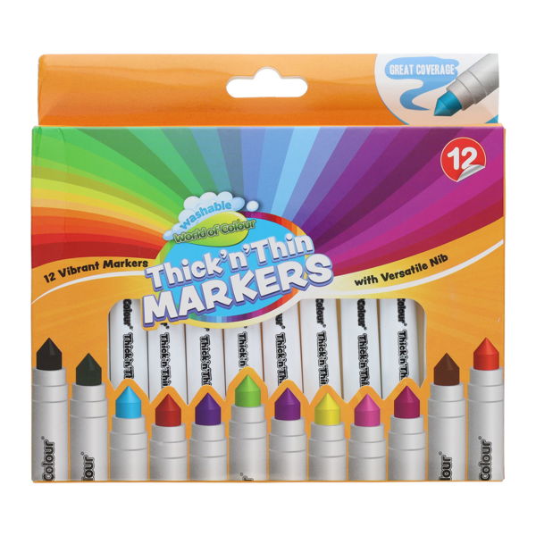 World of Colour Pack 12 Washable Thick n Thin Markers