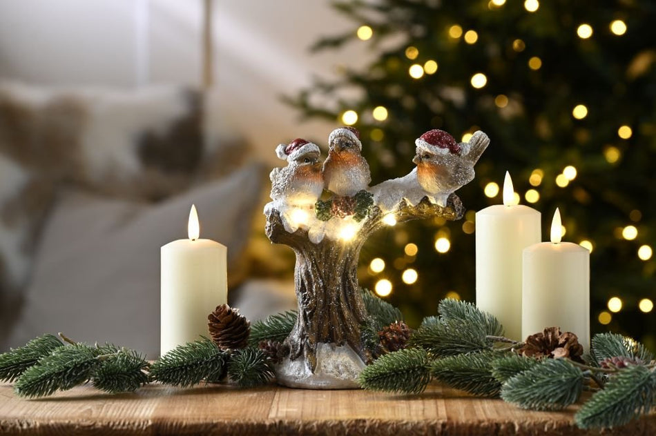 Tree Stump 3 Robins 19cm Battery Operated Lit