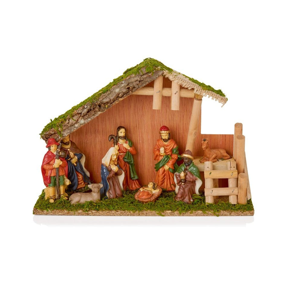 Wooden House Piece Nativity Scene 30cm