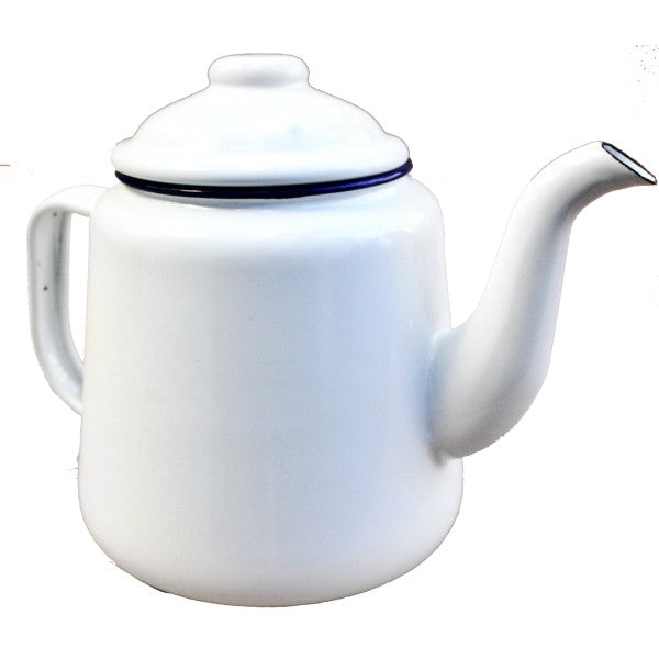 Enamel Tea Pot White with Blue Rim