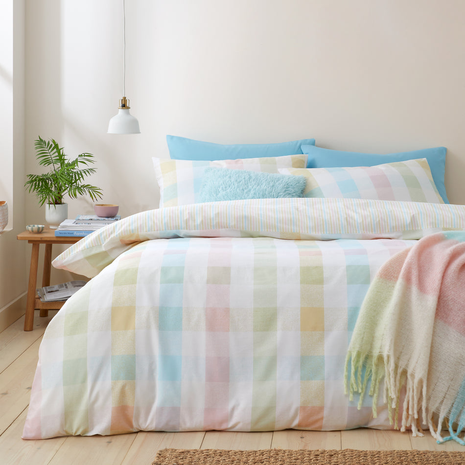 Catherine Lansfield Spring Check Reversible Duvet Cover Set with Pillowcase/s Pastel
