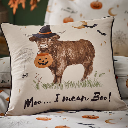Catherine Lansfield Halloween Highland Cow Soft Touch 45x45cm Cushion Natural