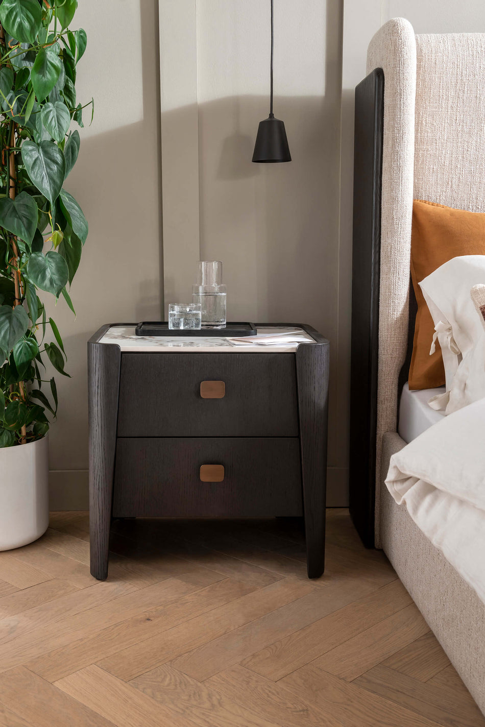 Rhodes Bedside Table 2 Drawer Ebony