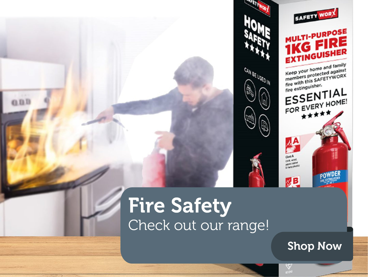 A Fire Extinguisher and a man putting out a cooker fire with a link to shop for Fire Safety products