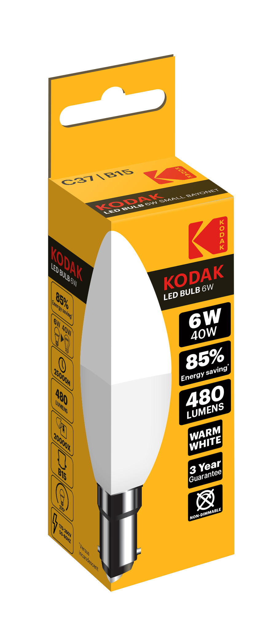 Kodak 2 Pack 6W/40W SBC Led Candle Bulb B15
