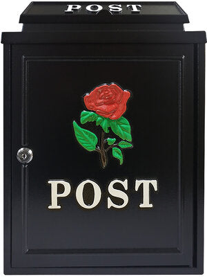 Manor Black with Red Rose Cast Aluminium Post Box